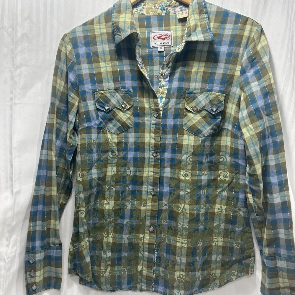 Roper Women’s western pearl snap Long Sleeve Shirt Green Print cowgirl size M